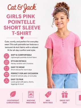 Cat & Jack Girls Pink Pointelle Short Sleeve Henley Tee